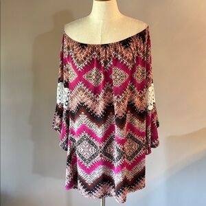 WinWin boho geometric off shoulders Tunic bell 1/2 sleeve with lace brwn pink XL